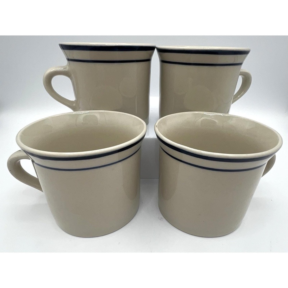 4 Brick Oven Stoneware Scandia Blue Stripe Beige Mug Cup Retro Small Handle